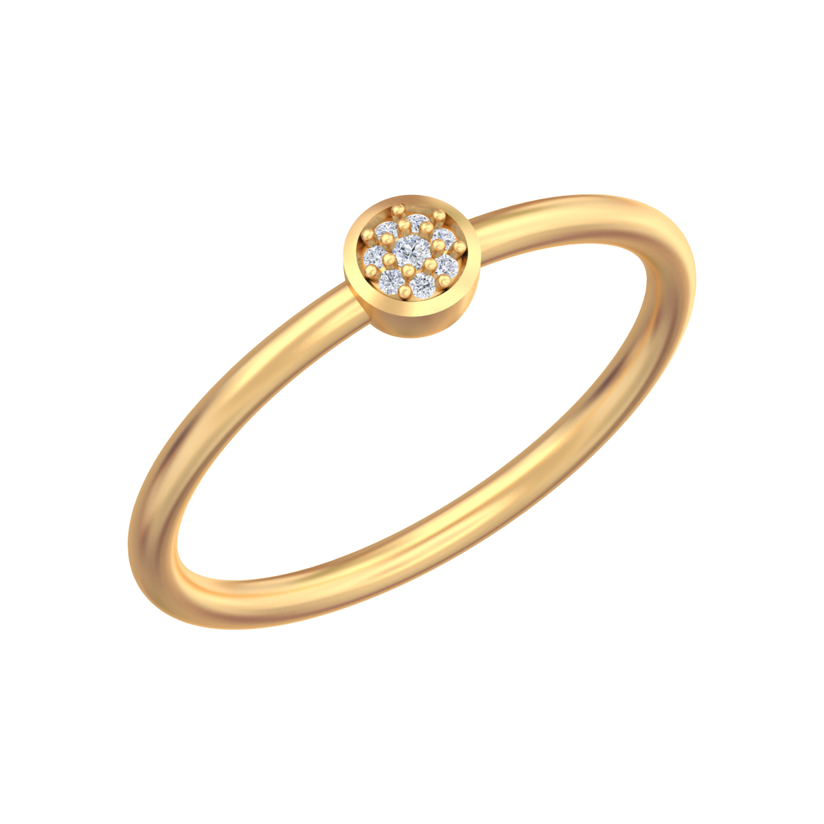 Yellow gold ring with a central diamond surrounded by smaller diamonds set in a gold band.