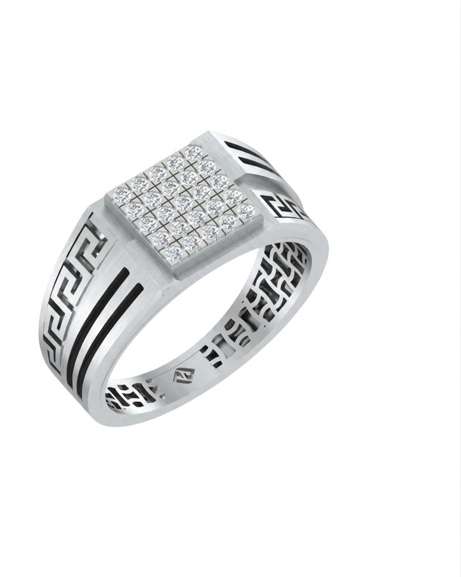 A white gold signet ring with a square diamond pavé center, shown on a plain white background.