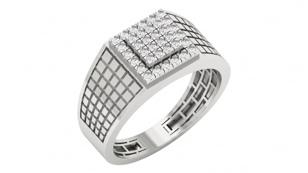 A white gold ring with a square grid-patterned band, shown on a plain white background.