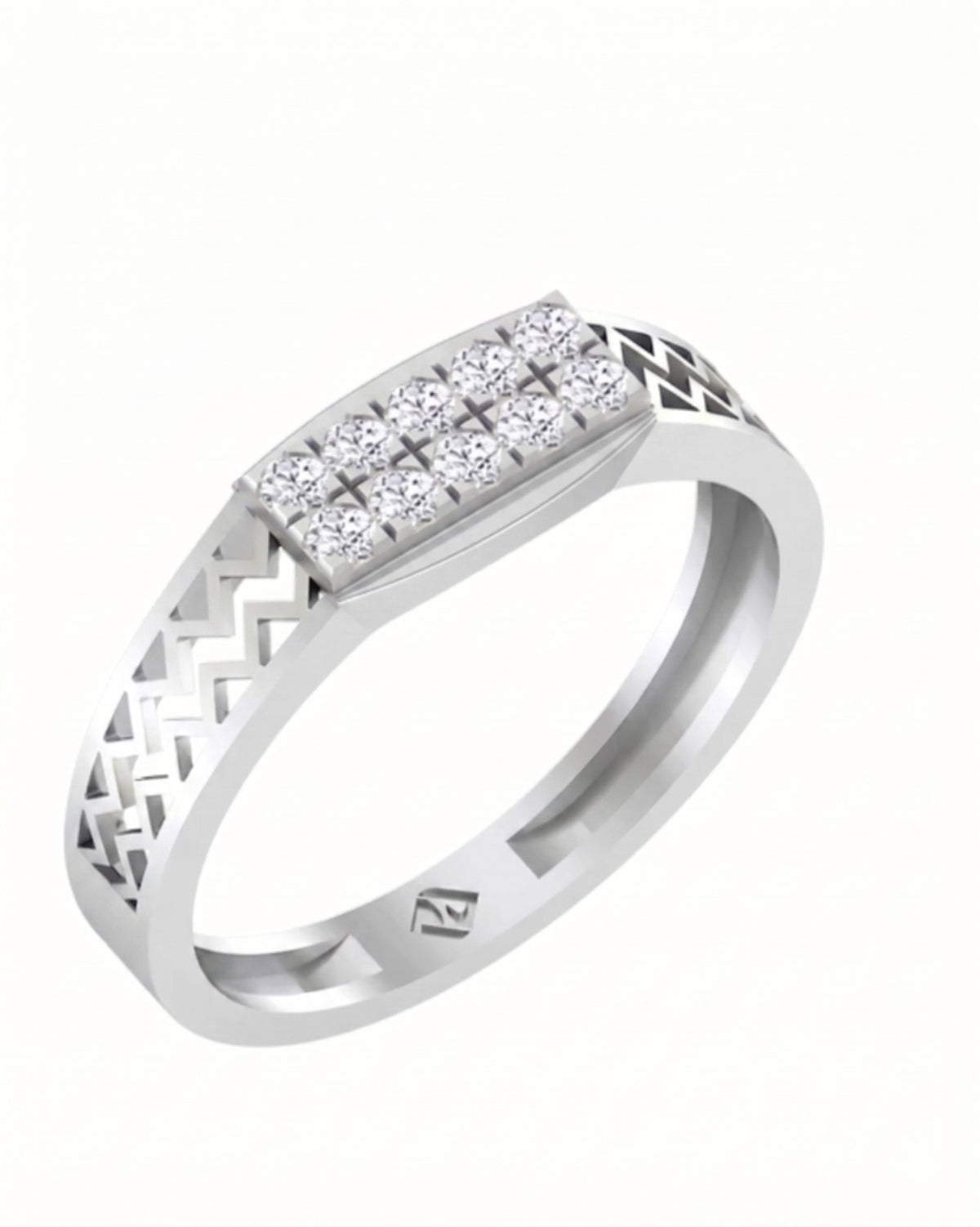 White gold and diamond men's ring on a white background.