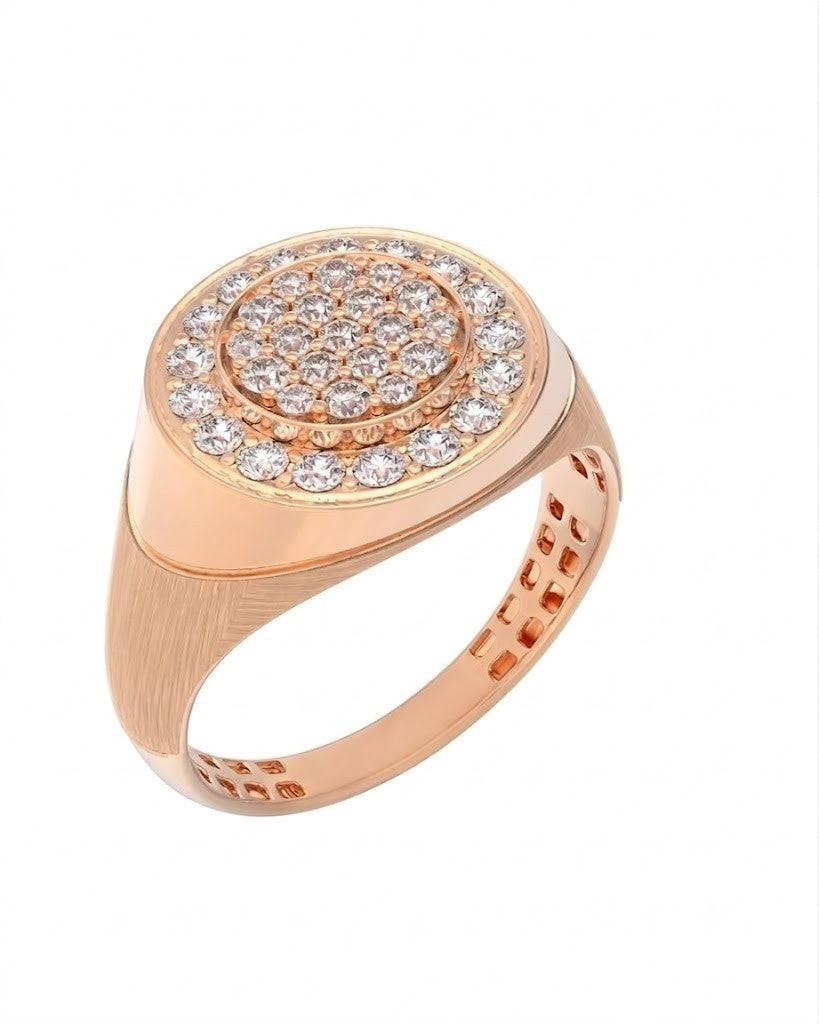 A rose gold signet-style ring with a round pavé-set, shown on a plain white background.