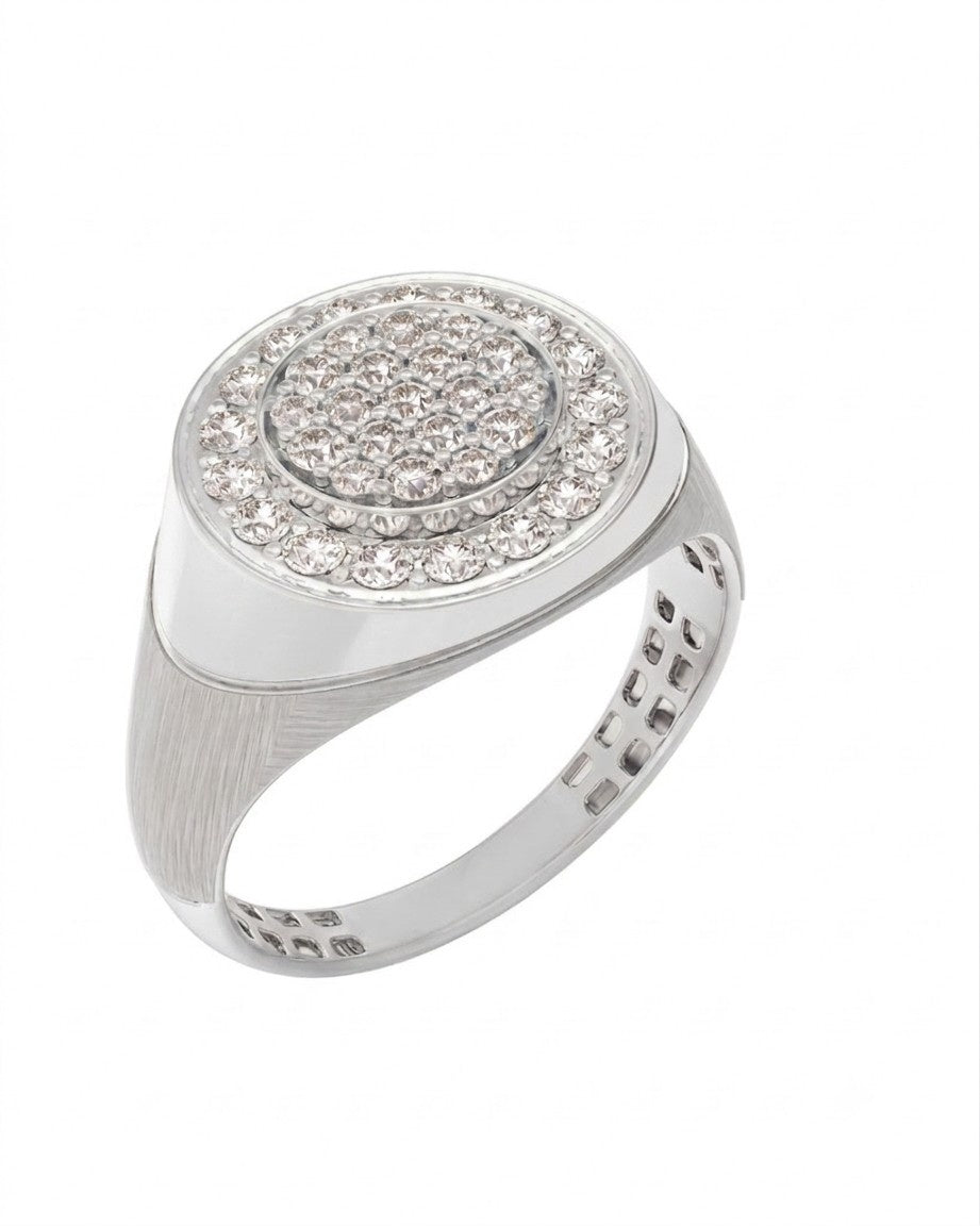 A white gold signet-style ring with a round pavé-set, shown on a plain white background.