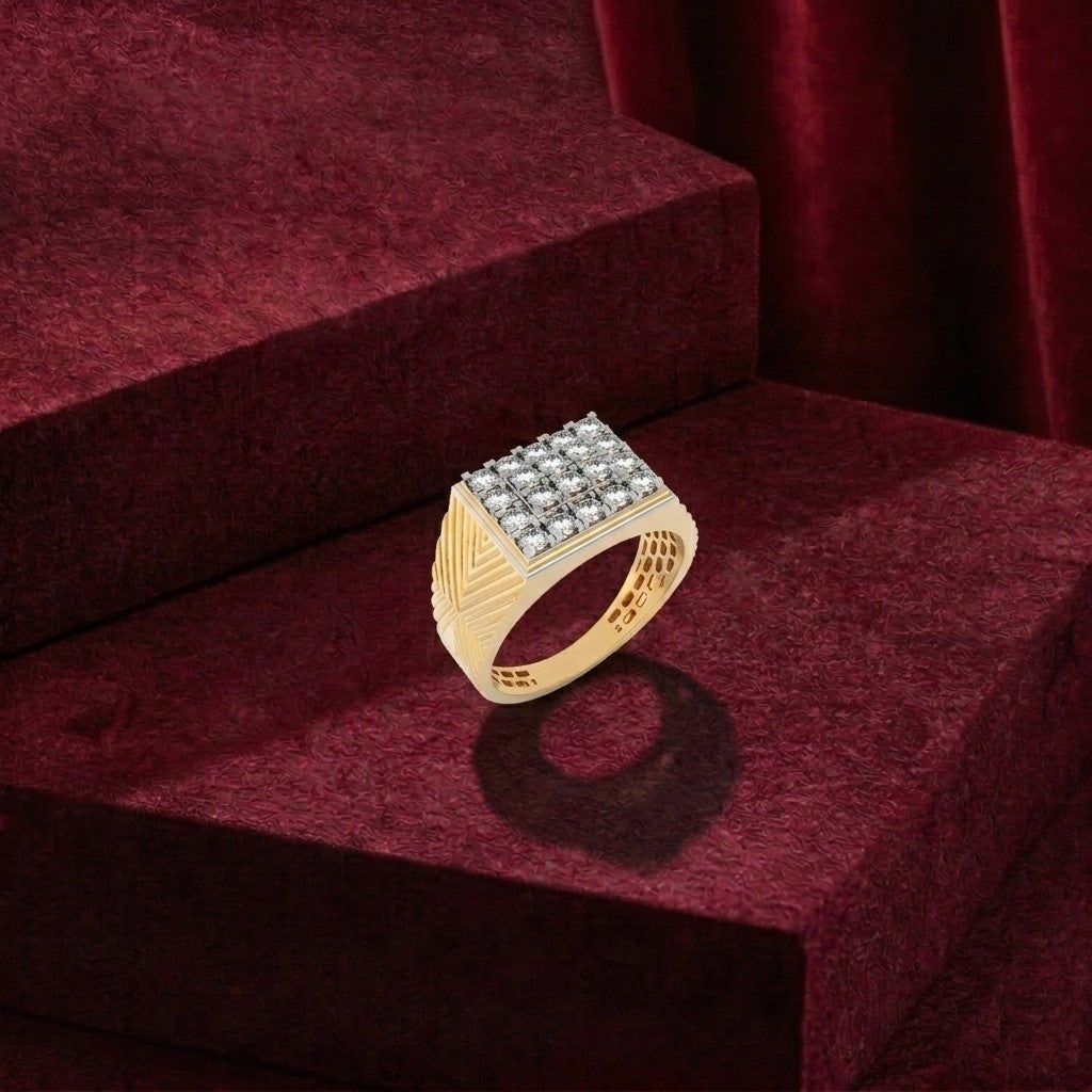 Gold ring with diamonds on a red velvet surface