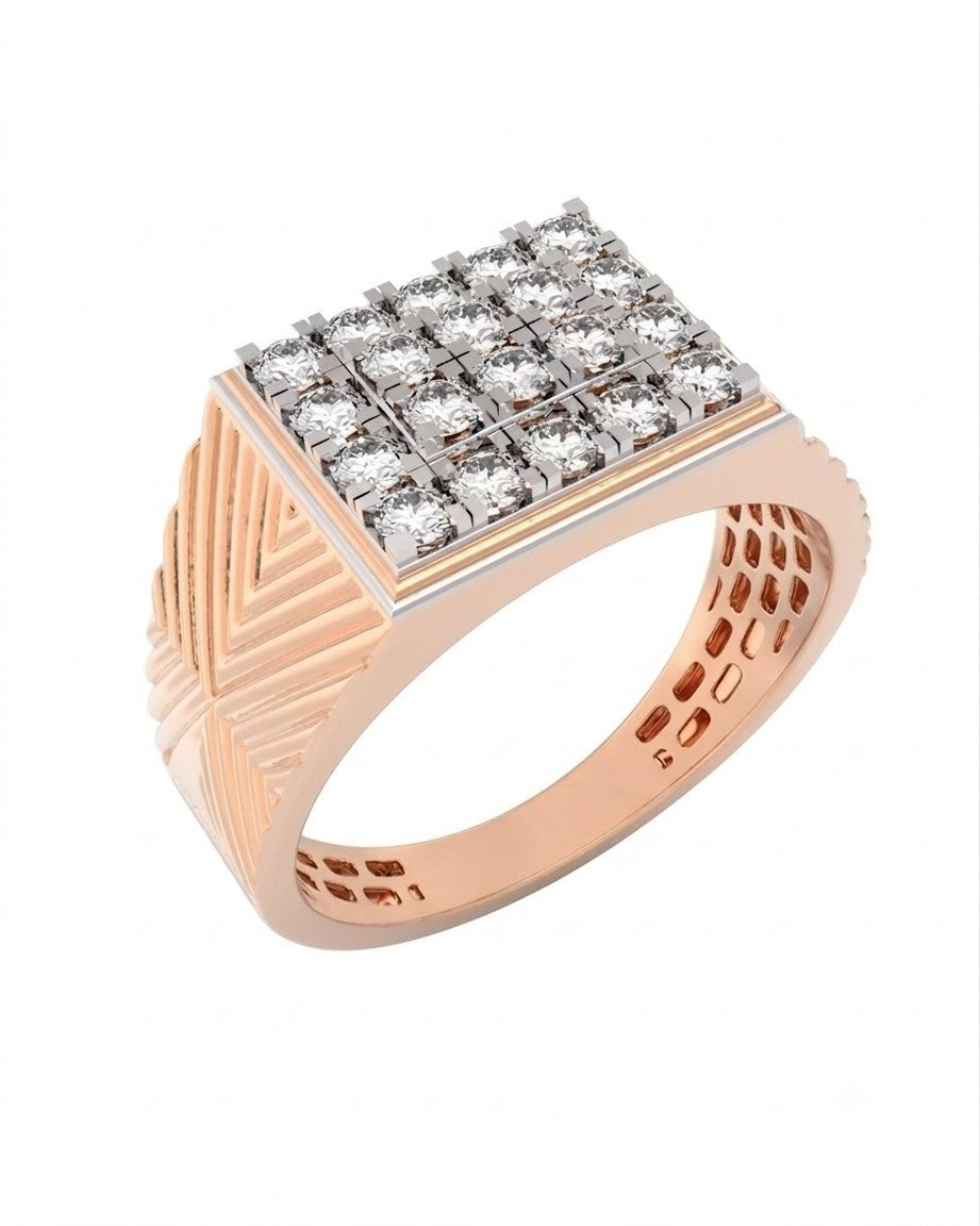 A men's statement rose ring featuring a square with geometric on a white background.
