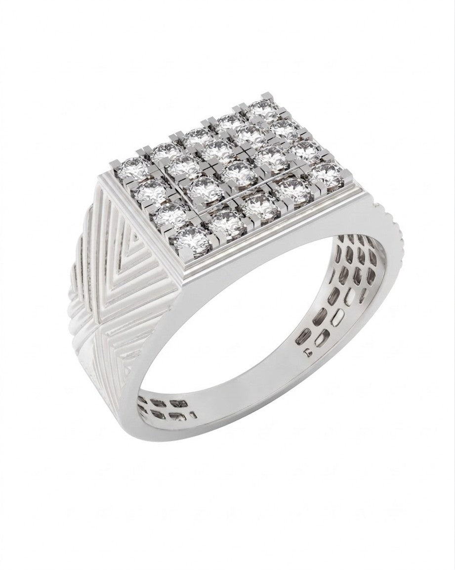 A men's statement white ring featuring a square with geometric on a white background.