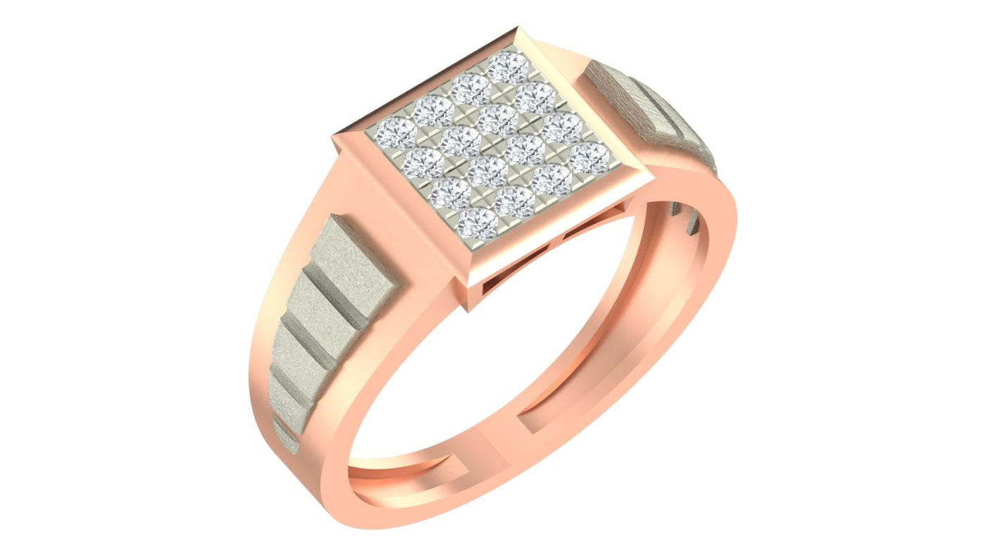 Rose gold and diamond mens signet- design ring on a white background.