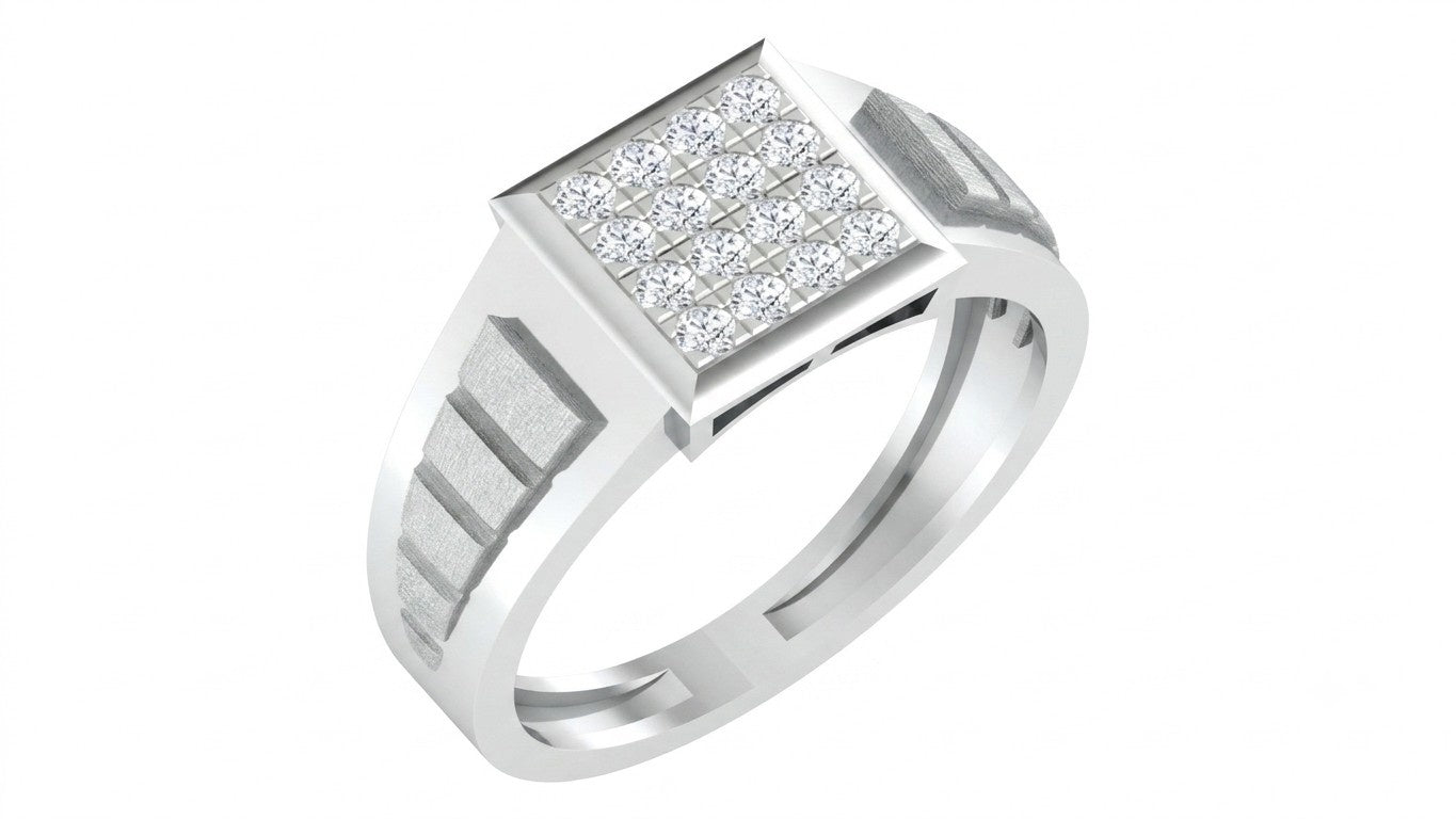 White gold and diamond mens signet- design ring on a white background.