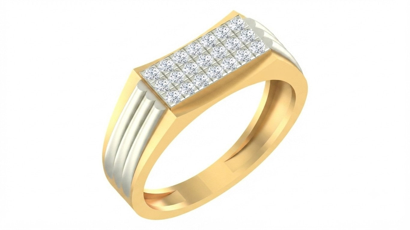 A men's yellow ring featuring a yellow gold band, shown on a plain white background.