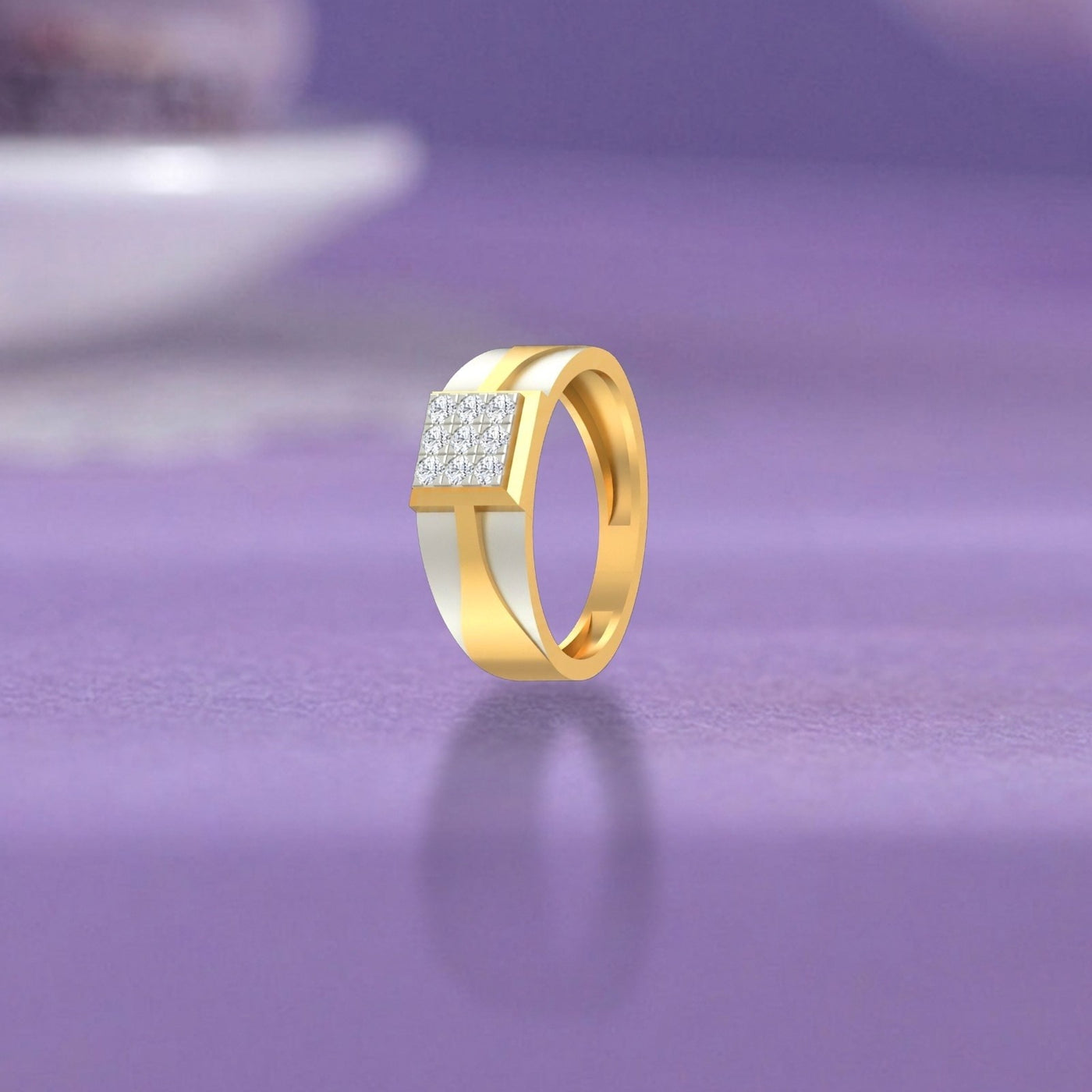 Gold ring with embedded diamonds on a purple surface.