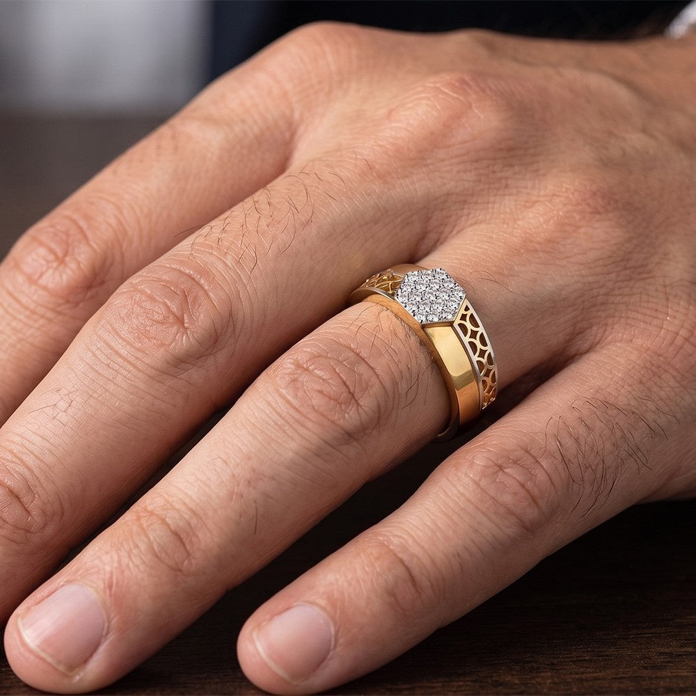 Close-up shot of a gold and diamond men's ring.
