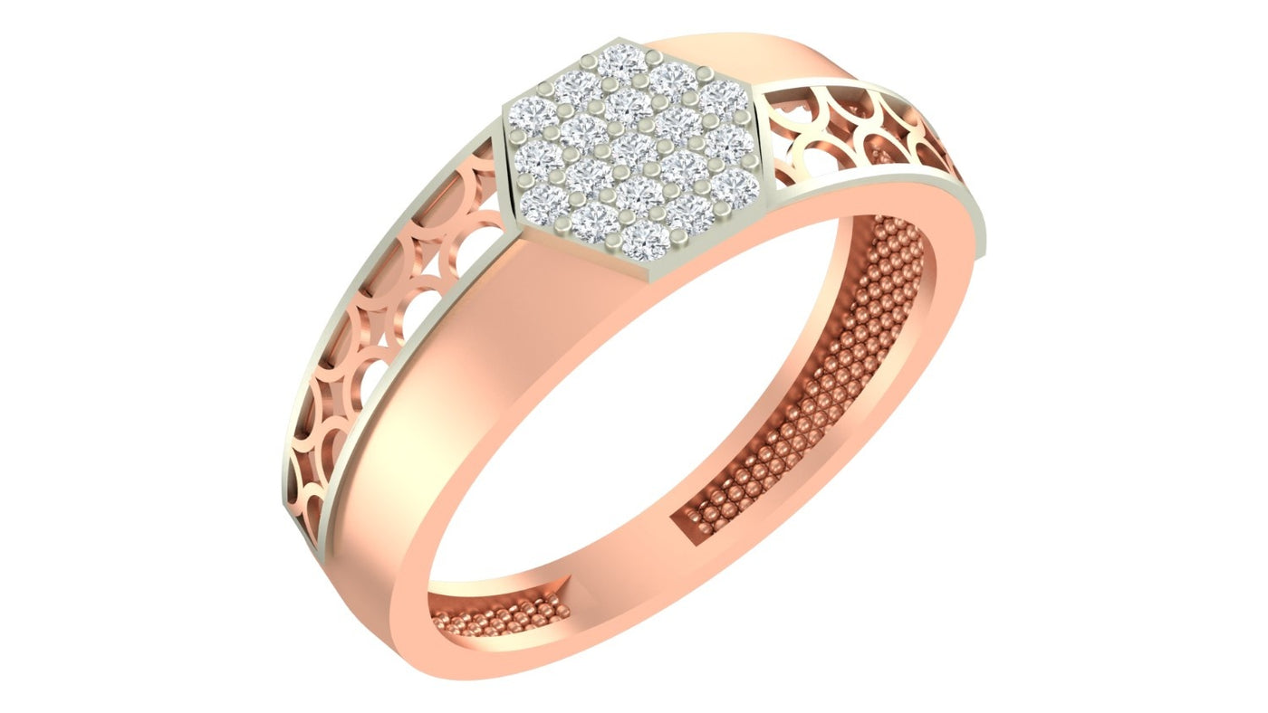 Rose gold and diamond men's ring on a white background.