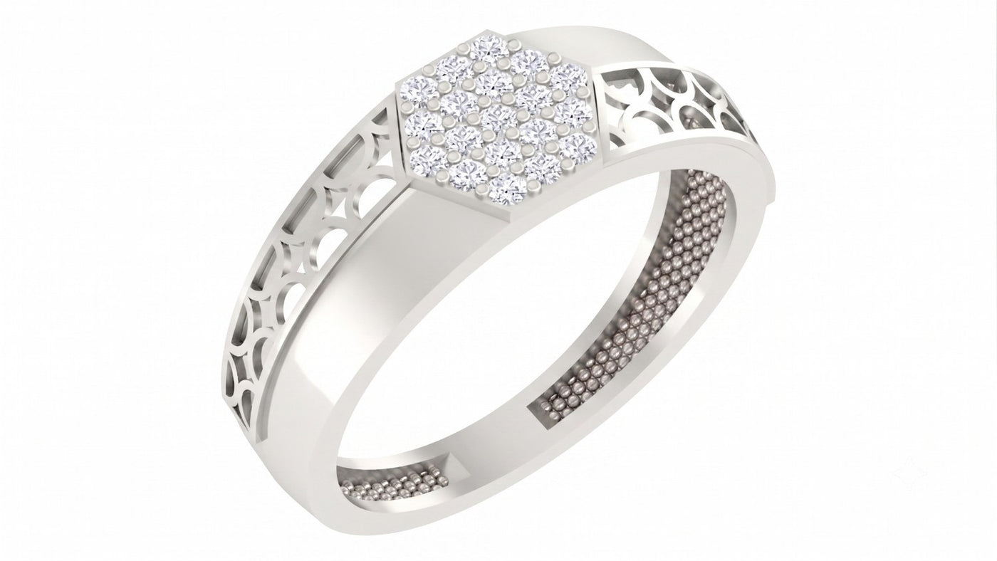 White gold and diamond men's ring on a white background.