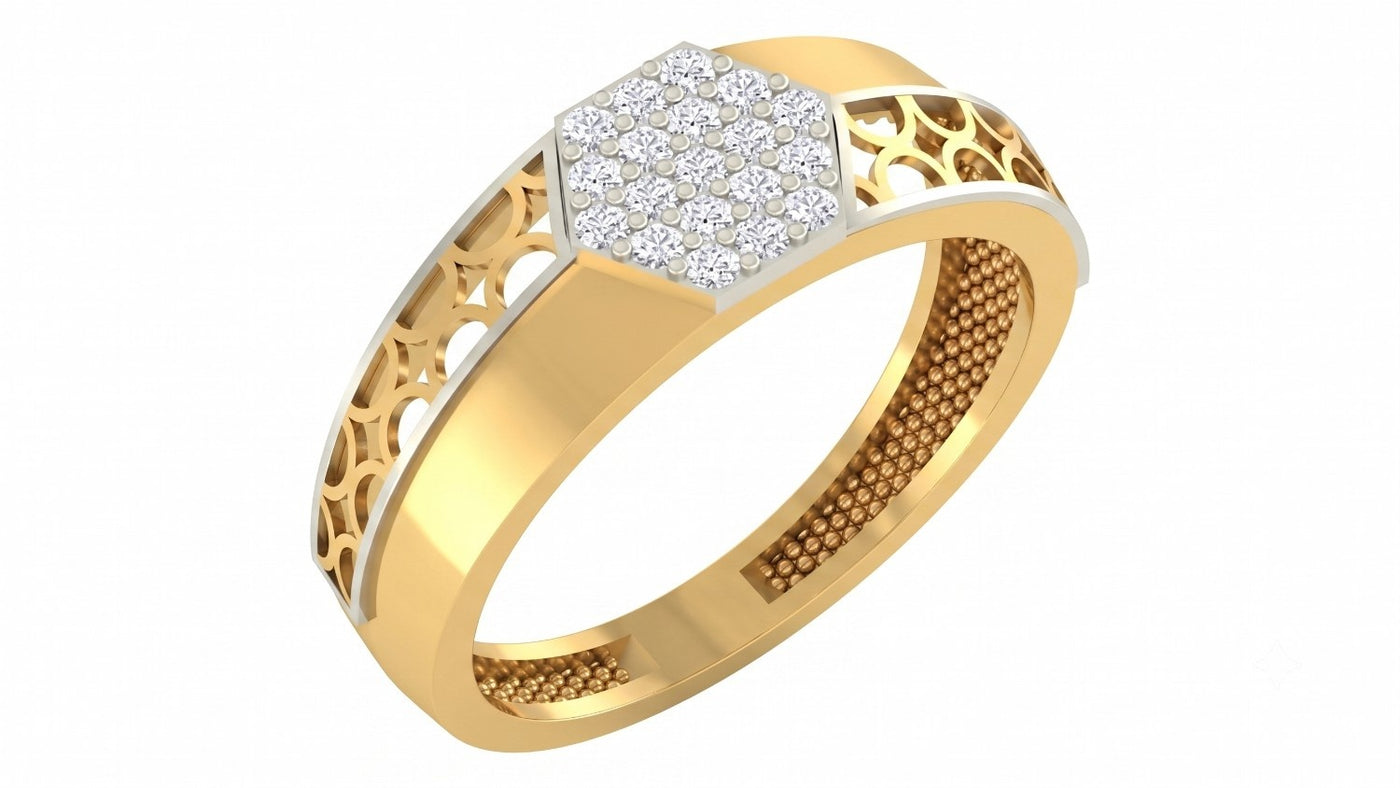 Yellow gold and diamond men's ring on a white background.