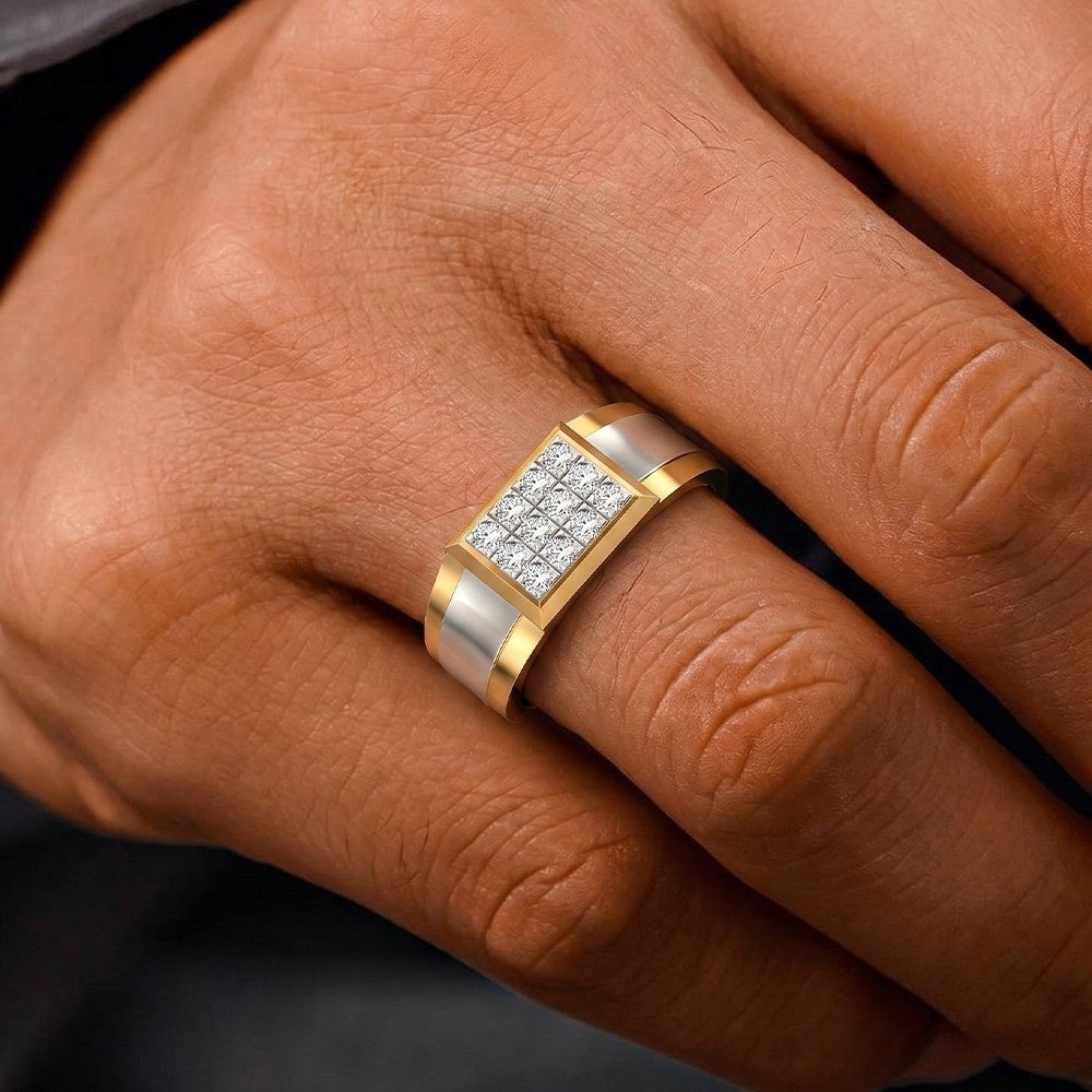 Gold and diamond ring with diamonds on a person's finger