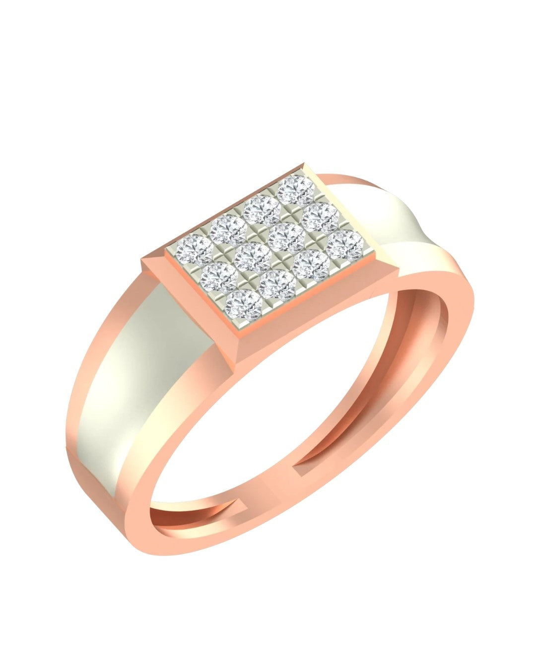 A rose gold ring with a square diamond cluster on a white background.