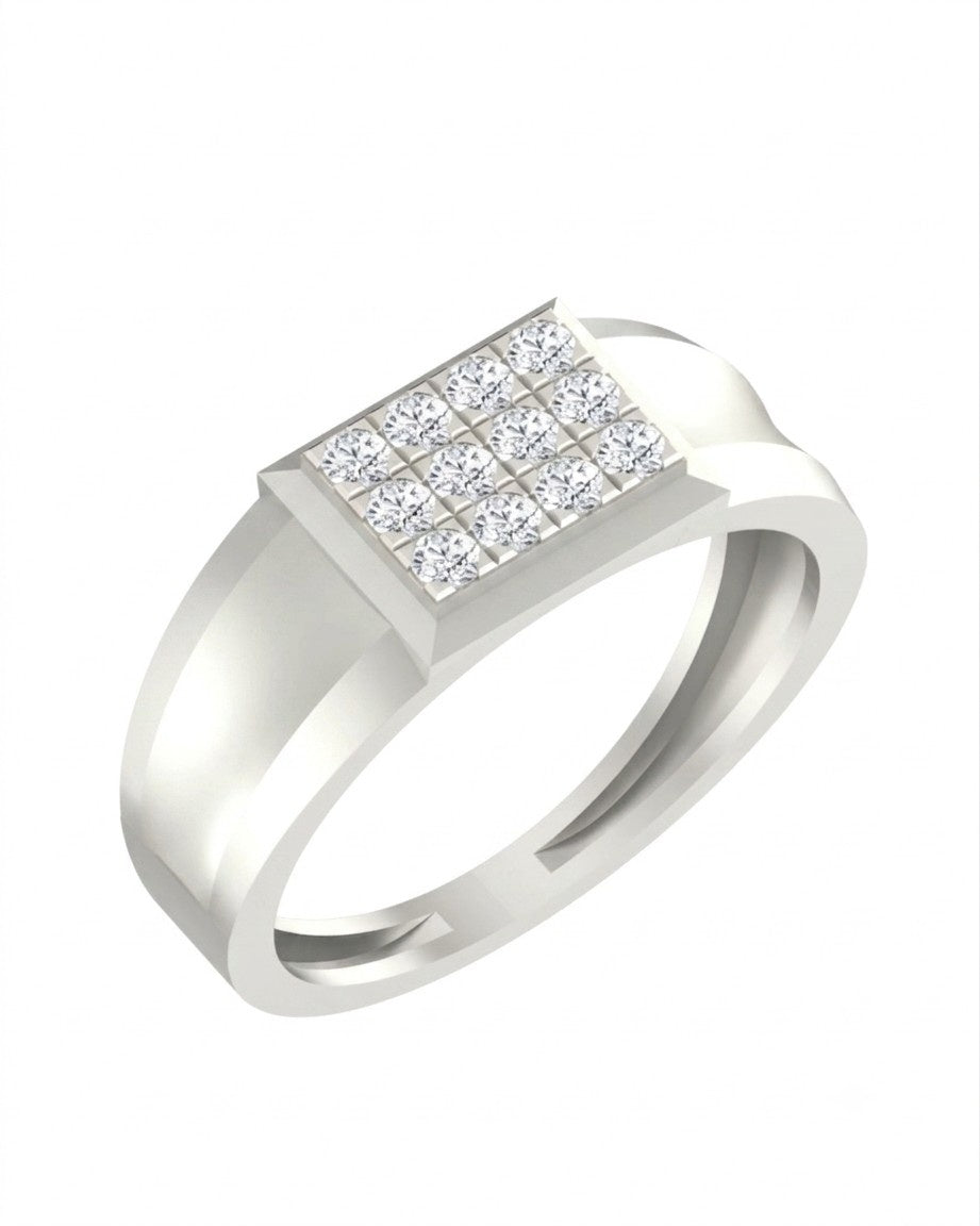A white gold ring with a square diamond cluster on a white background.