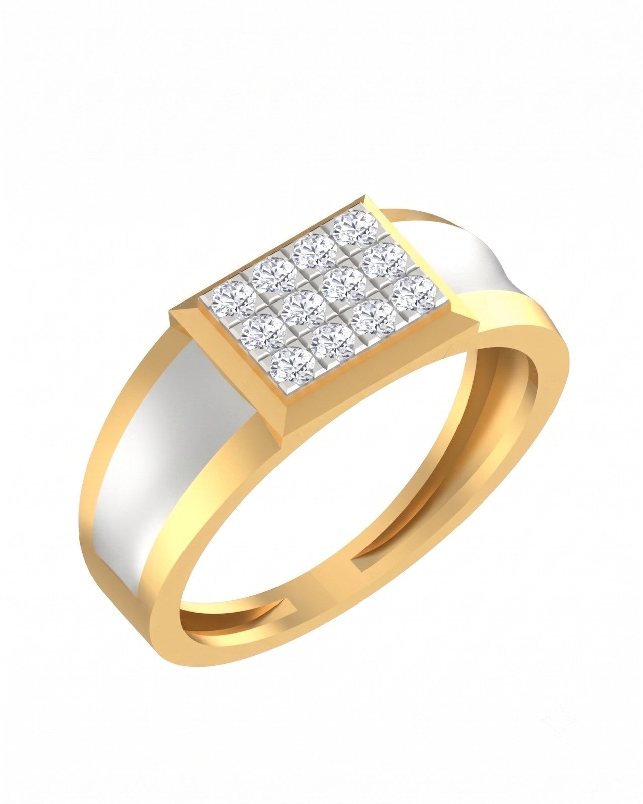 A yellow gold ring with a square diamond cluster on a white background.