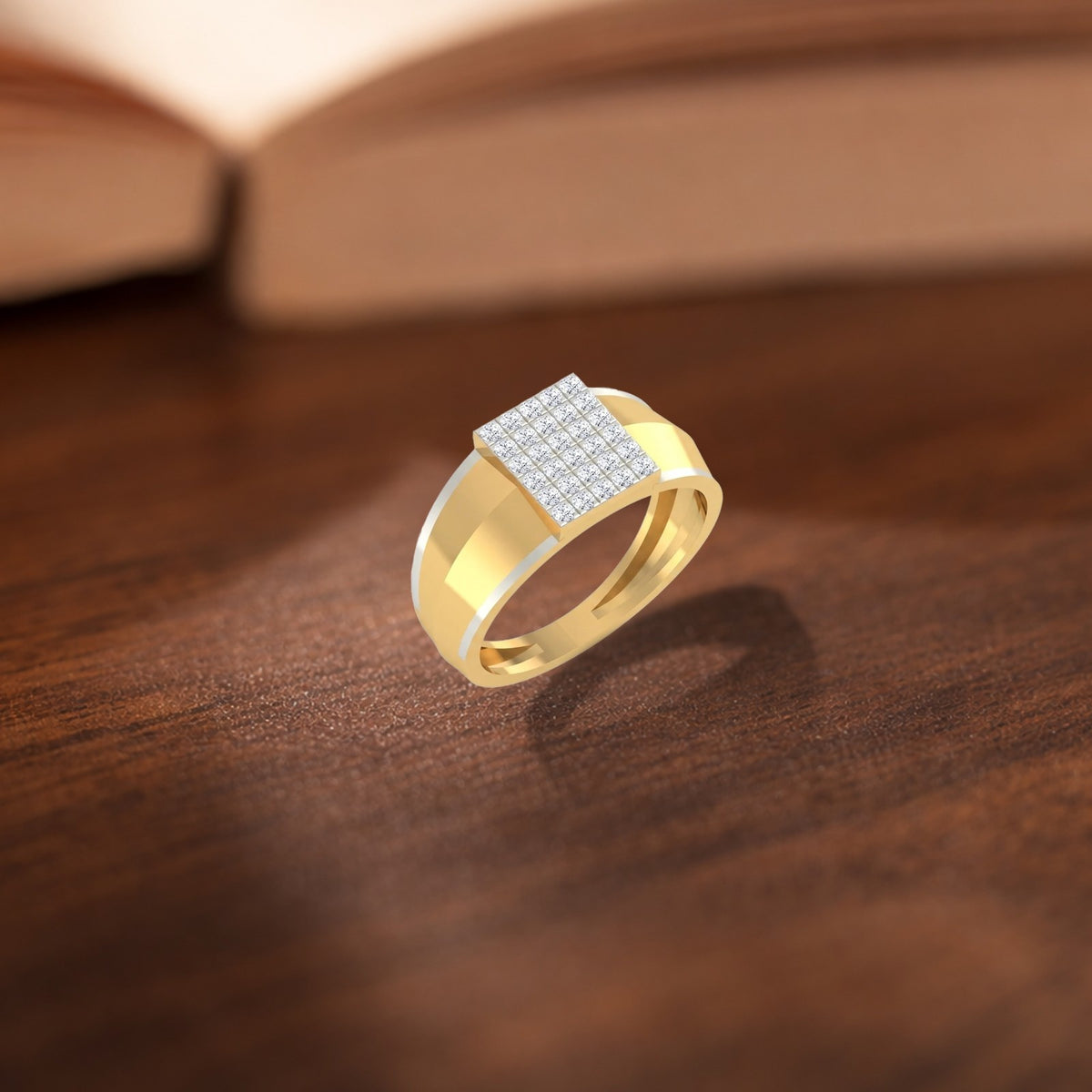 Gold ring with diamond accents on a purple surface