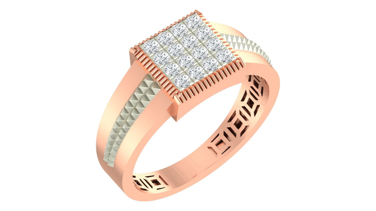 A rose gold ring with a square diamond cluster setting, featuring textured gold, shown on a plain white background.