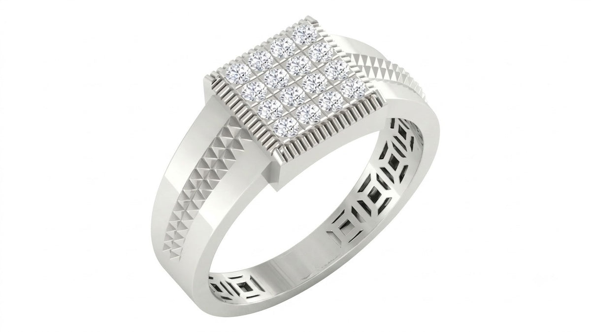 A white gold ring with a square diamond cluster setting, featuring textured gold, shown on a plain white background.