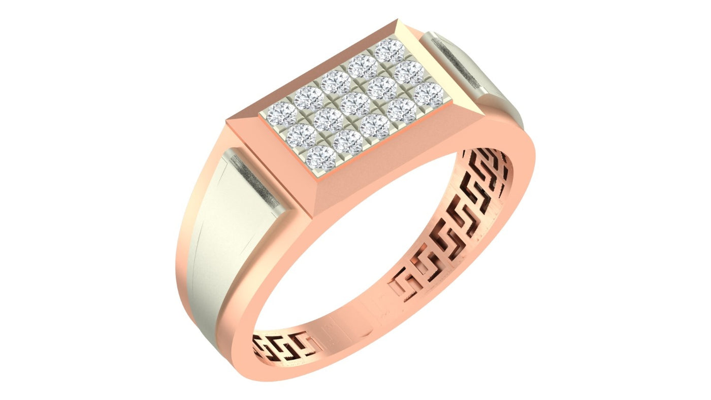 Rose gold ring with diamond accents on a white background.