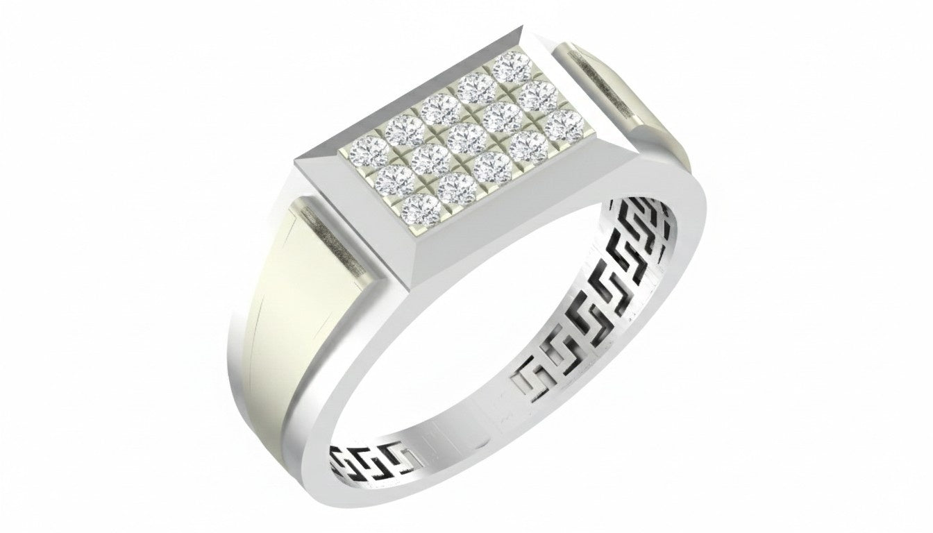 White gold ring with diamond accents on a white background.