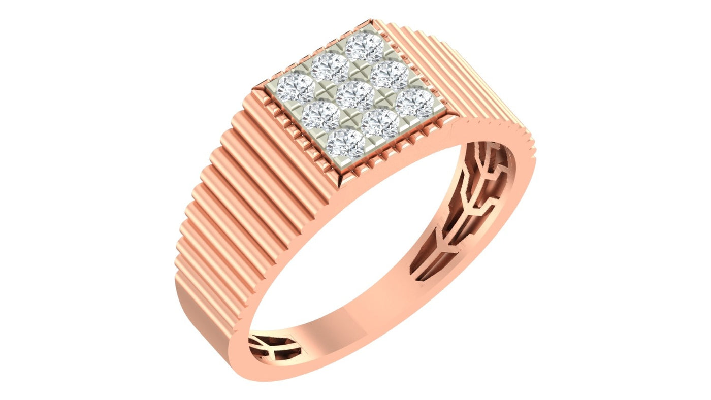 A rose gold men's ring featuring a square cluster of clear pavé diamonds on a textured, ribbed band, shown on a plain white background.