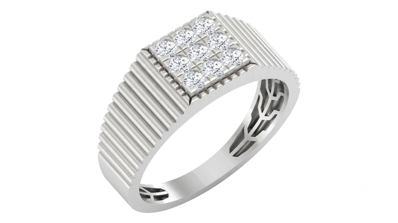 A white gold men's ring featuring a square cluster of clear pavé diamonds on a textured, ribbed band, shown on a plain white background.