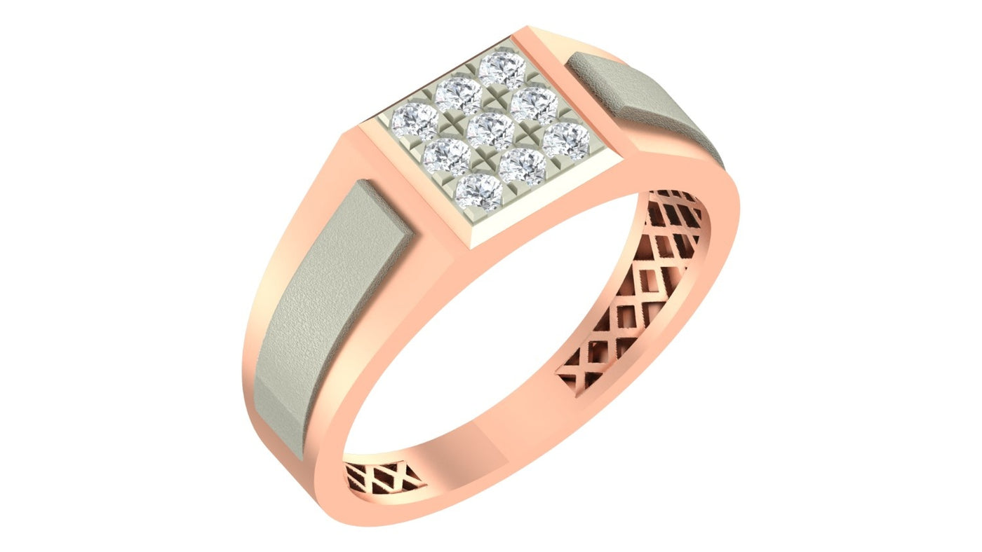 A men's ring featuring a rose gold band with a square diamond cluster on top, shown on a plain white background.