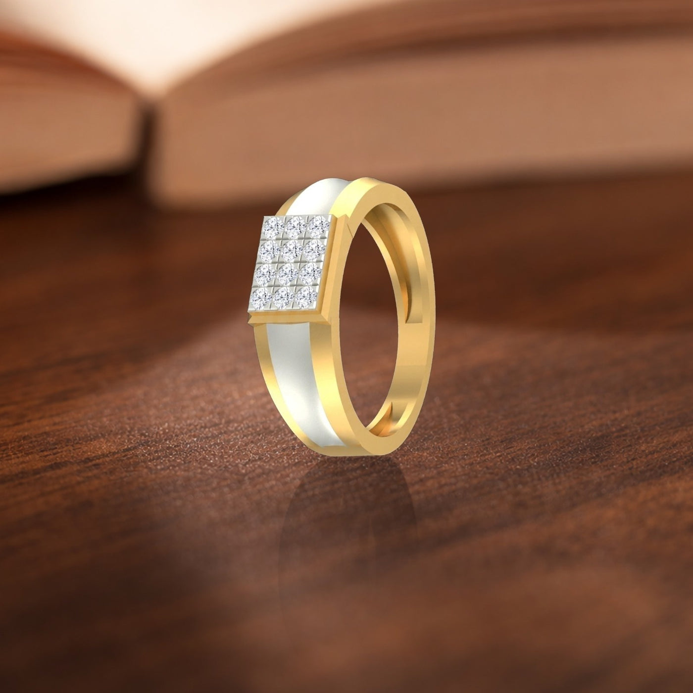 Gold and dimaond men cluster ring on a wooden surface