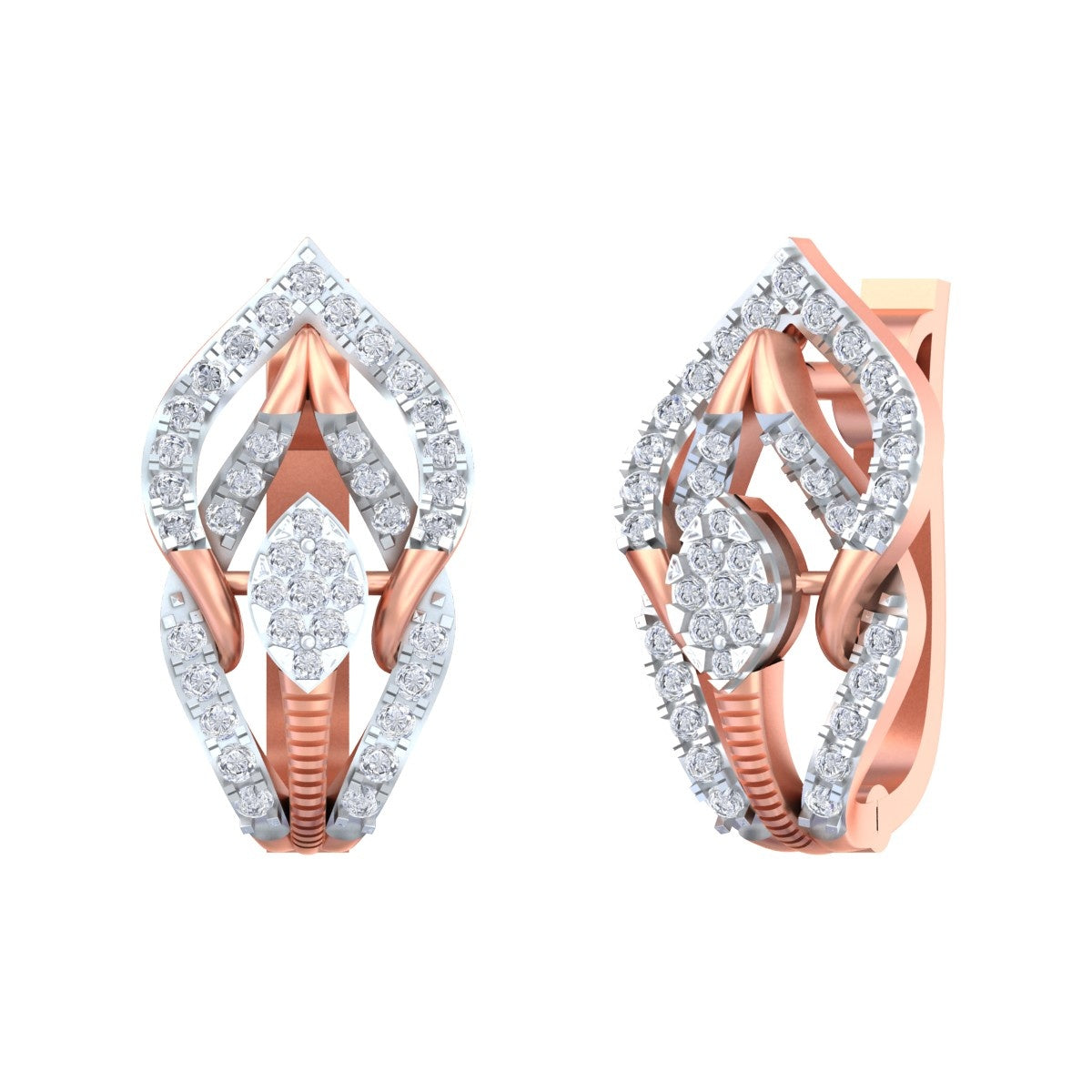 A pair of rose gold hoop earrings with diamonds, designed in a round and intricate pattern.