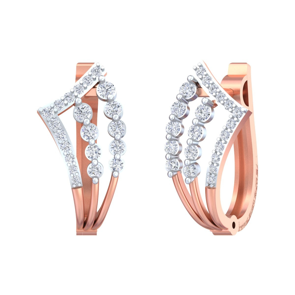 Rose gold and diamond hoop earrings with diamond accents on a white background.