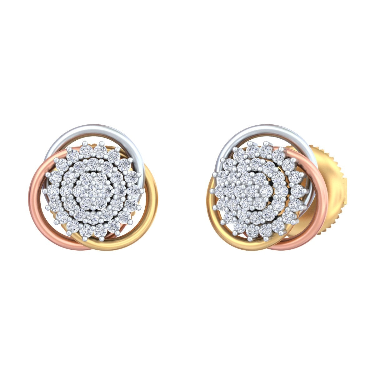 A pair of rose gold and diamond double-ring stud earrings with a central cluster