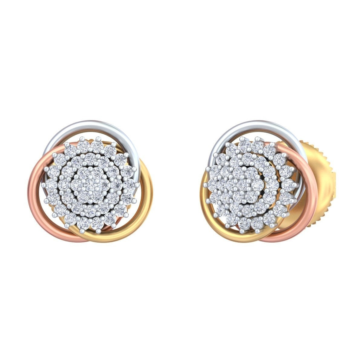 A pair of rose gold and diamond double-ring stud earrings with a central cluster, shown on a plain white background.