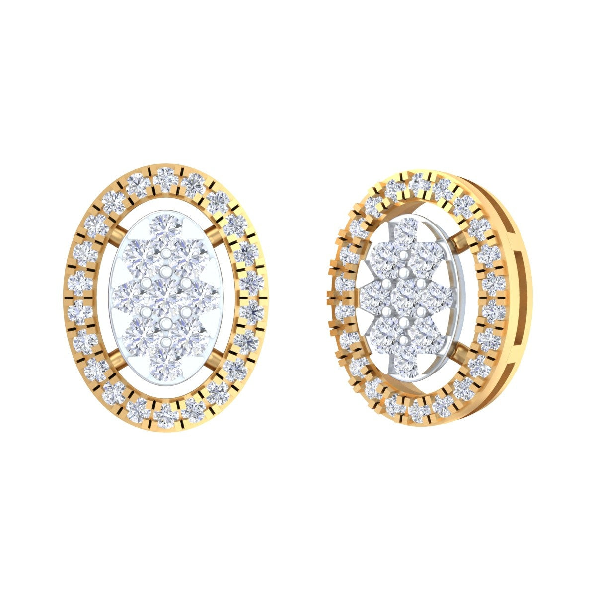 A pair of yellow gold earrings encrusted with sparkling diamonds, designed in a circular shape.