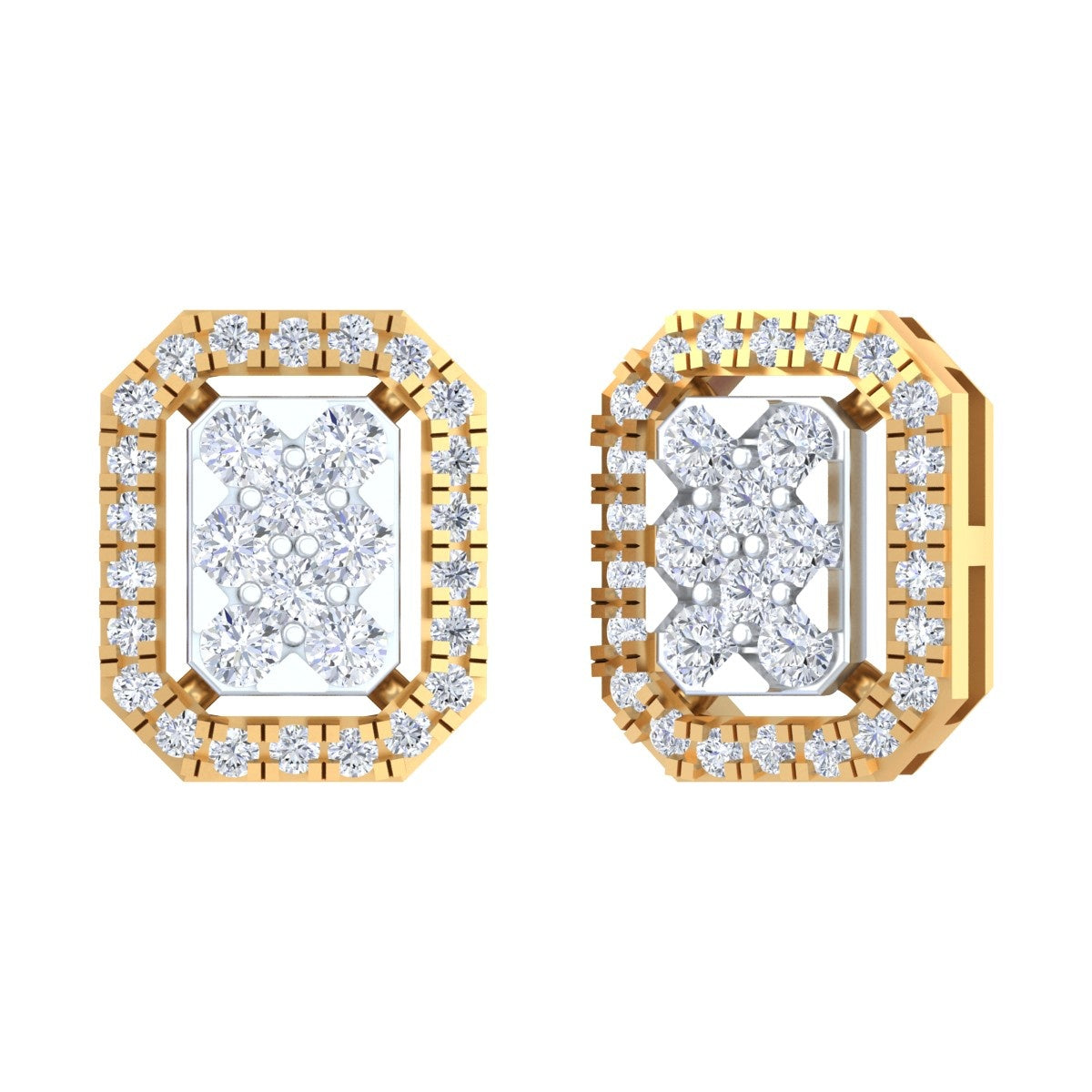 Pair of yellow gold and diamond square-shaped stud earrings on a white background.