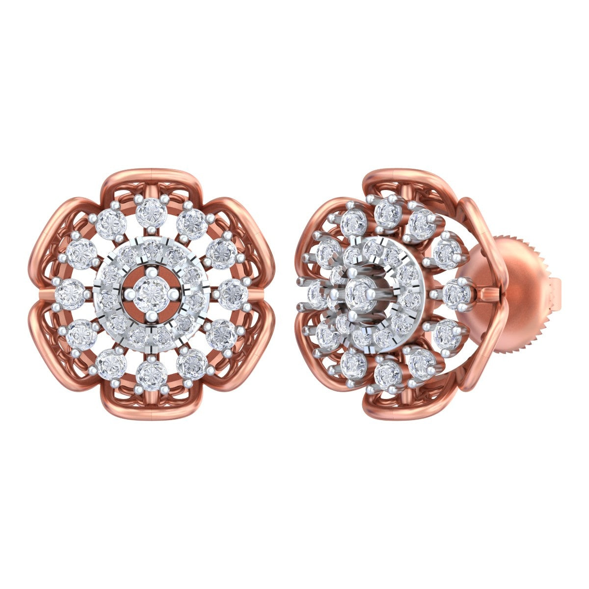 A pair of two-tone rose gold and diamond floral stud earrings on a plain white background.