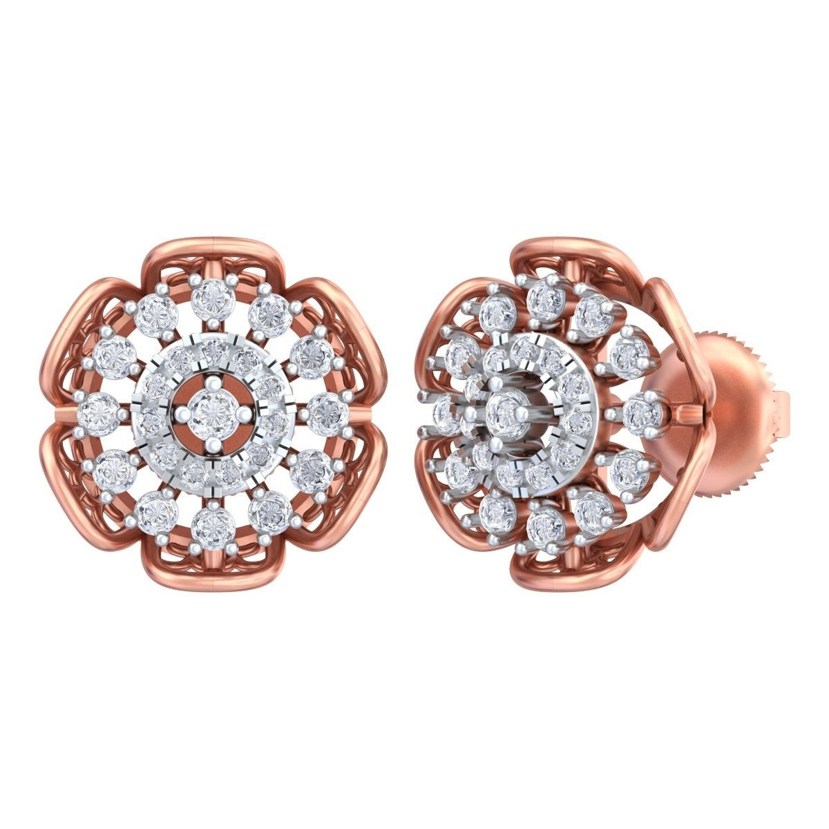 A pair of rose gold stud earrings with intricate floral designs, shown from both front and side angles on a white background.
