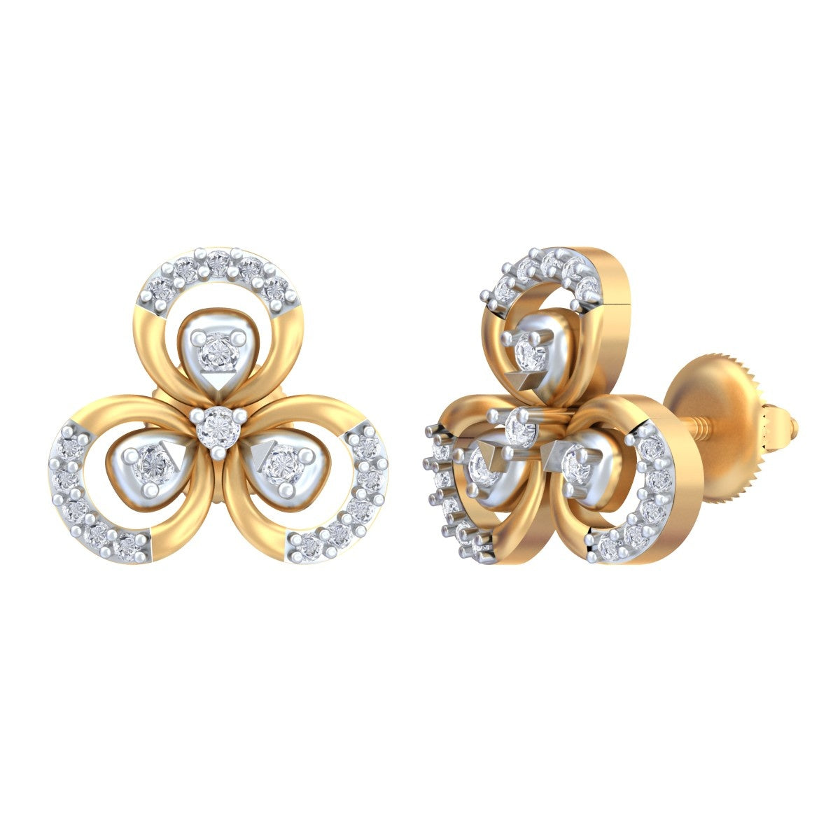 Yellow gold and diamond floral stud earrings on a white background