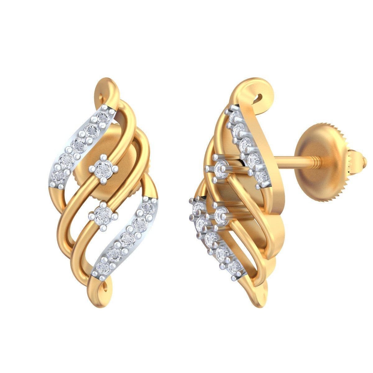 Yellow gold and diamond twisted stud earrings on a white background