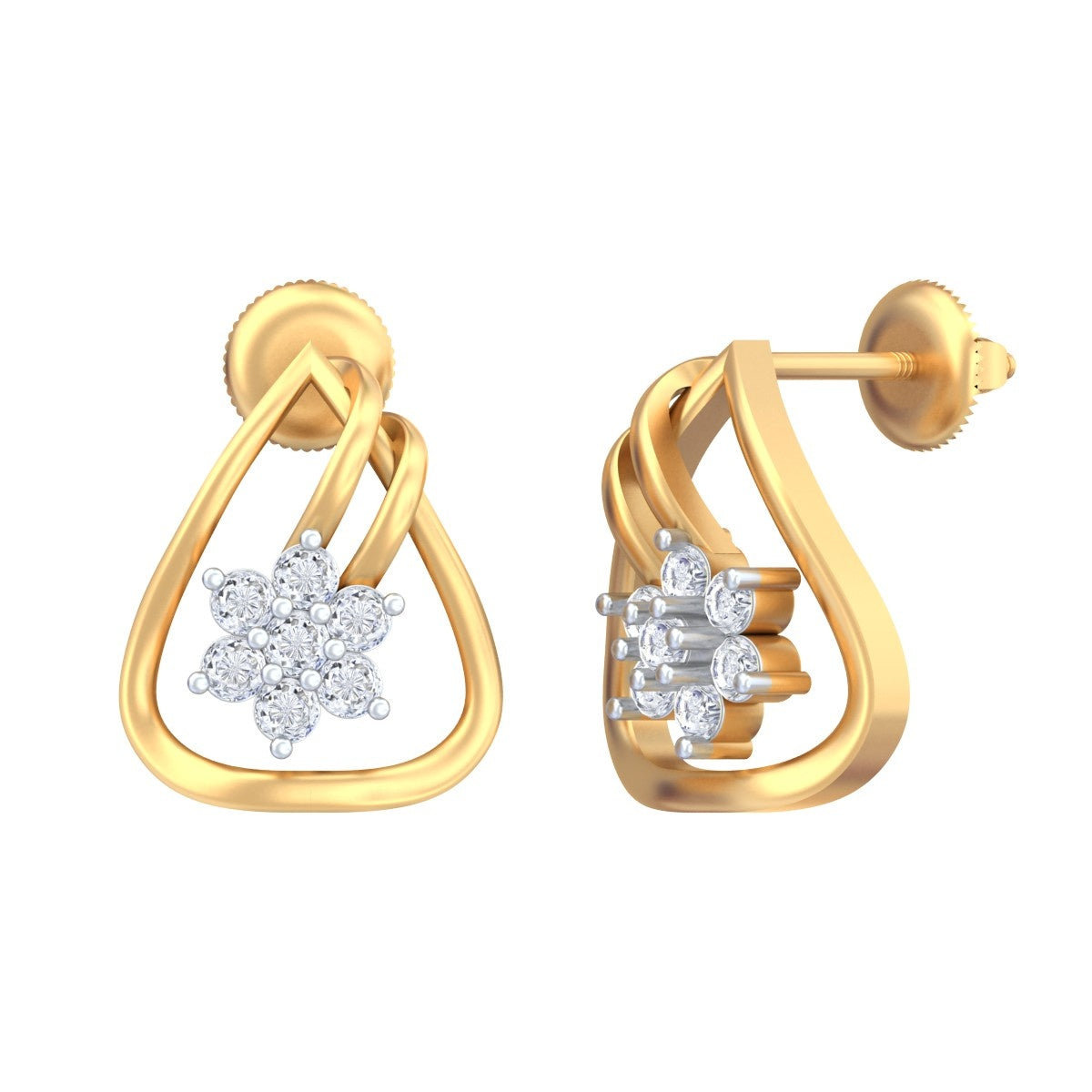 Pair of yellow earrings with floral and geometric designs on a white background.