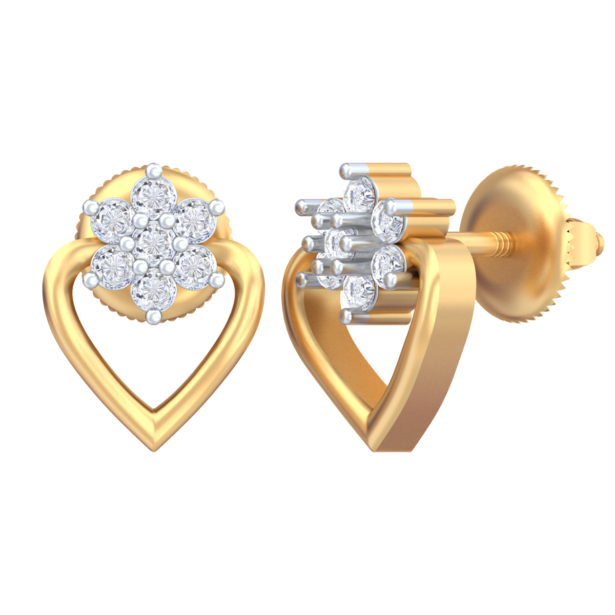 Yellow gold and diamond heart-shaped stud earrings on a white background