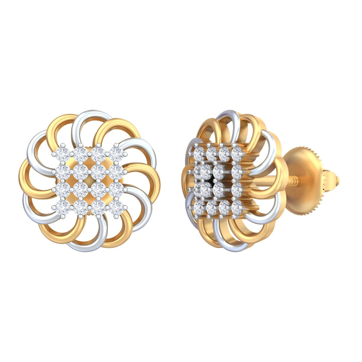 A pair of yellow gold stud earrings with a central diamond cluster and a swirling