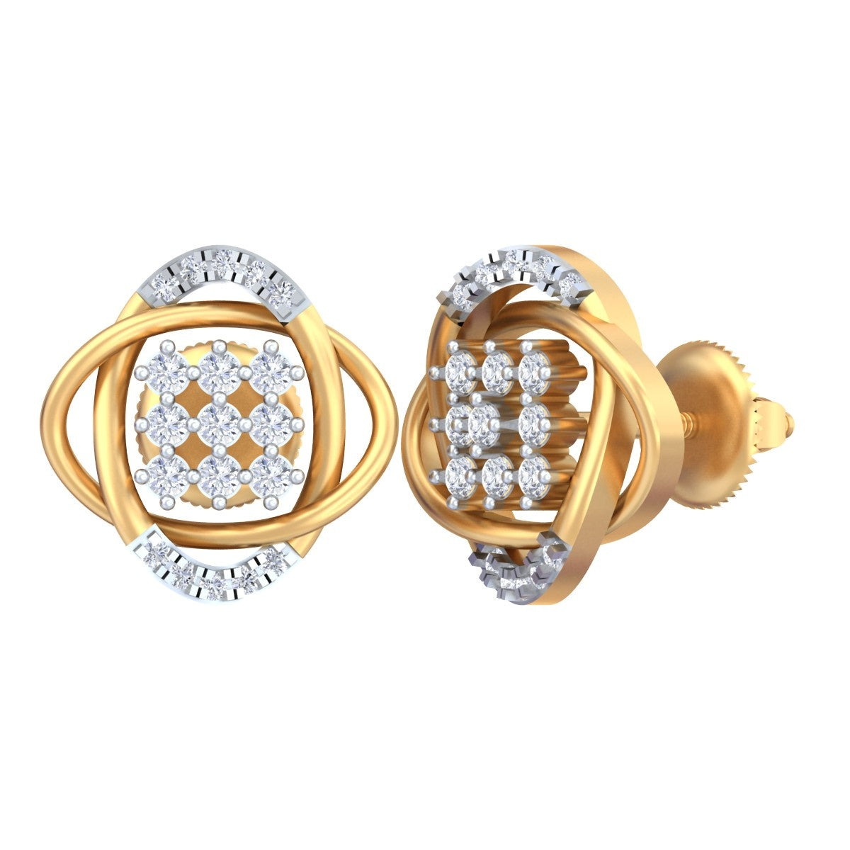 A pair of yellow gold and diamond earrings with a circular design, featuring a central diamonds on a white background.