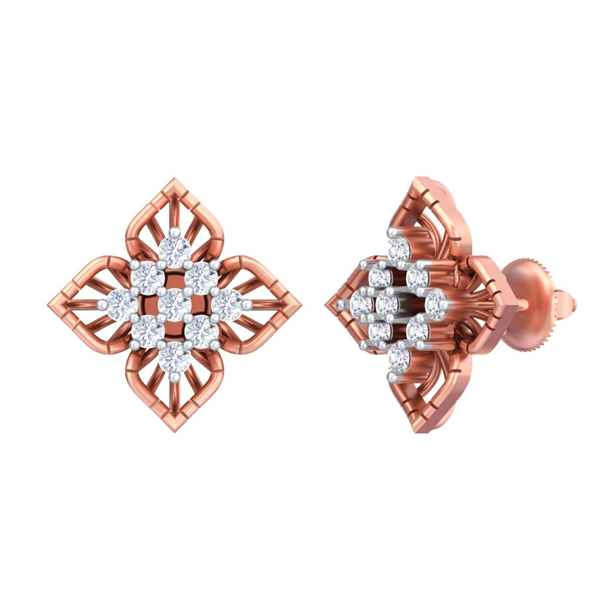 A pair of rose gold earrings with sparkling diamonds, designed in a floral pattern.