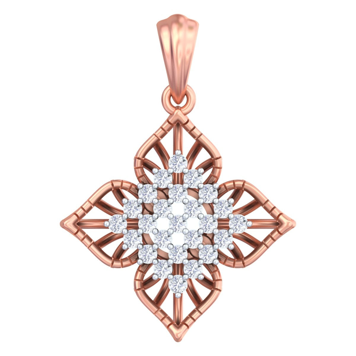 Rose gold and diamond floral pendant on white background