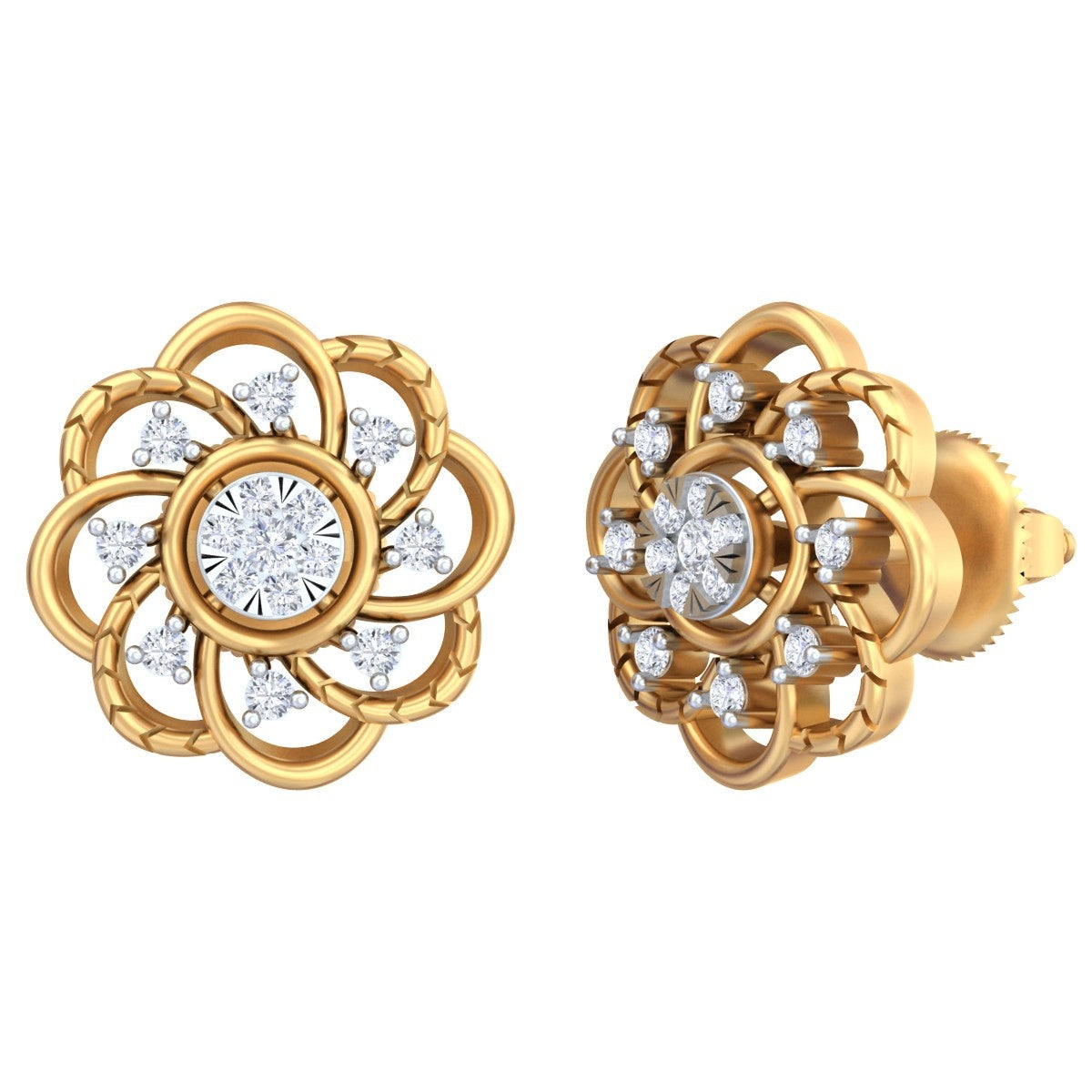 A pair of yellow gold earrings with sparkling diamonds, designed with intricate floral patterns.