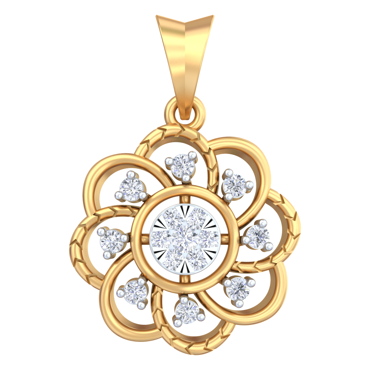 Yellow gold and diamond pendant with a floral design featuring a central diamond surrounded by intricate gold
