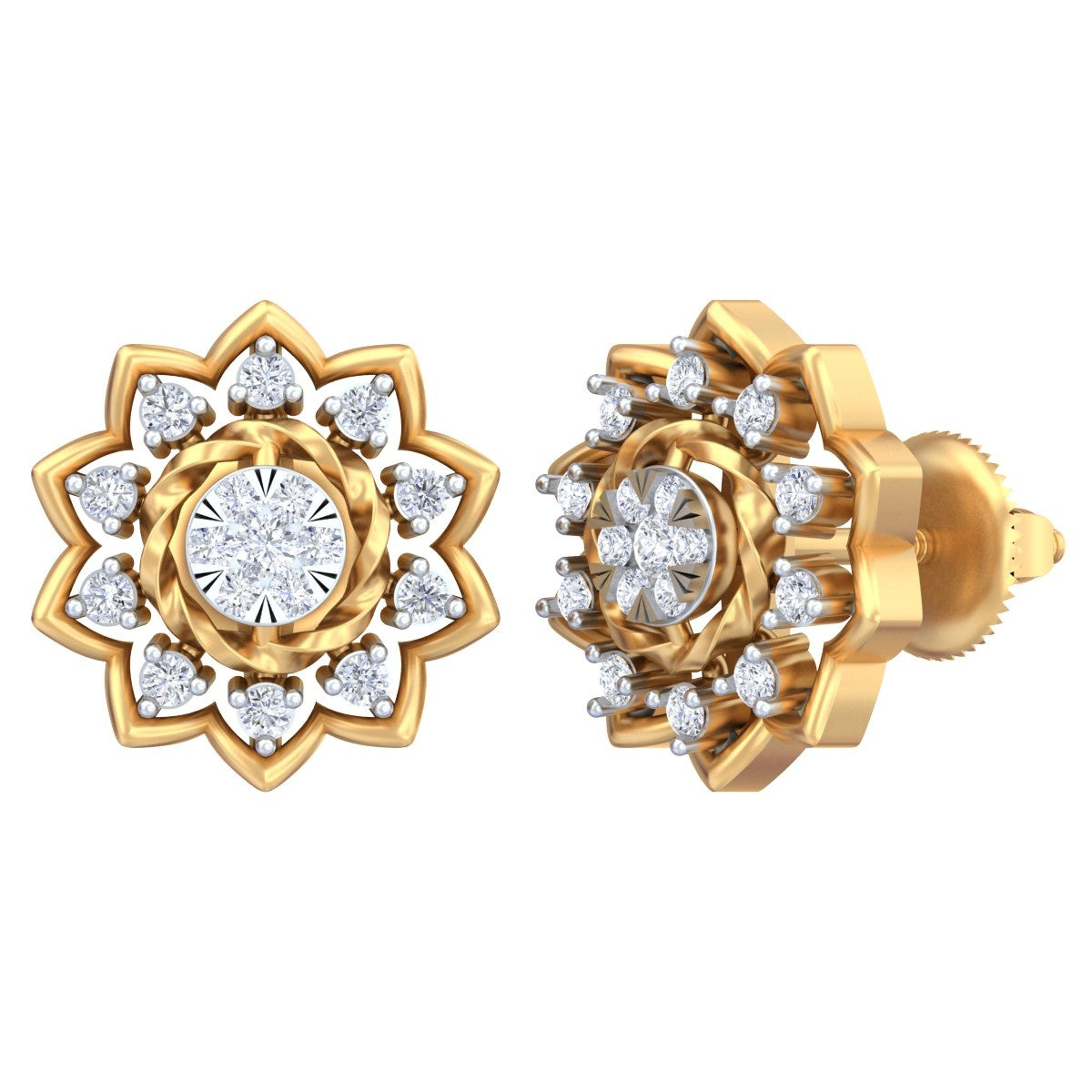 A pair of yellow gold and diamond floral stud earrings on a pure white background