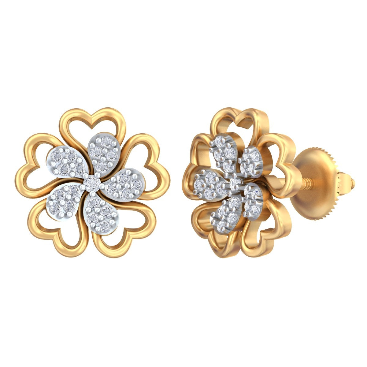 Yellow gold and diamond stud earring with floral-shaped on a white background.